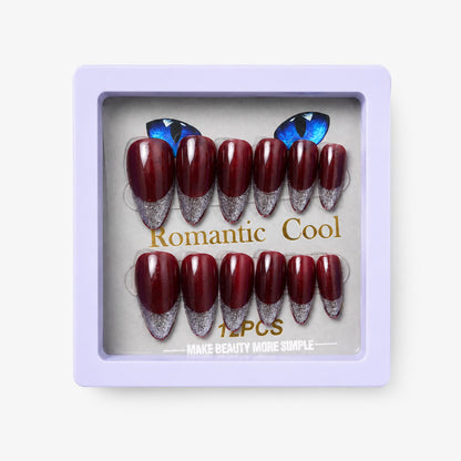 Romantic Cool Burgundy & Silver Press-On Gel Nails – 12 PCS