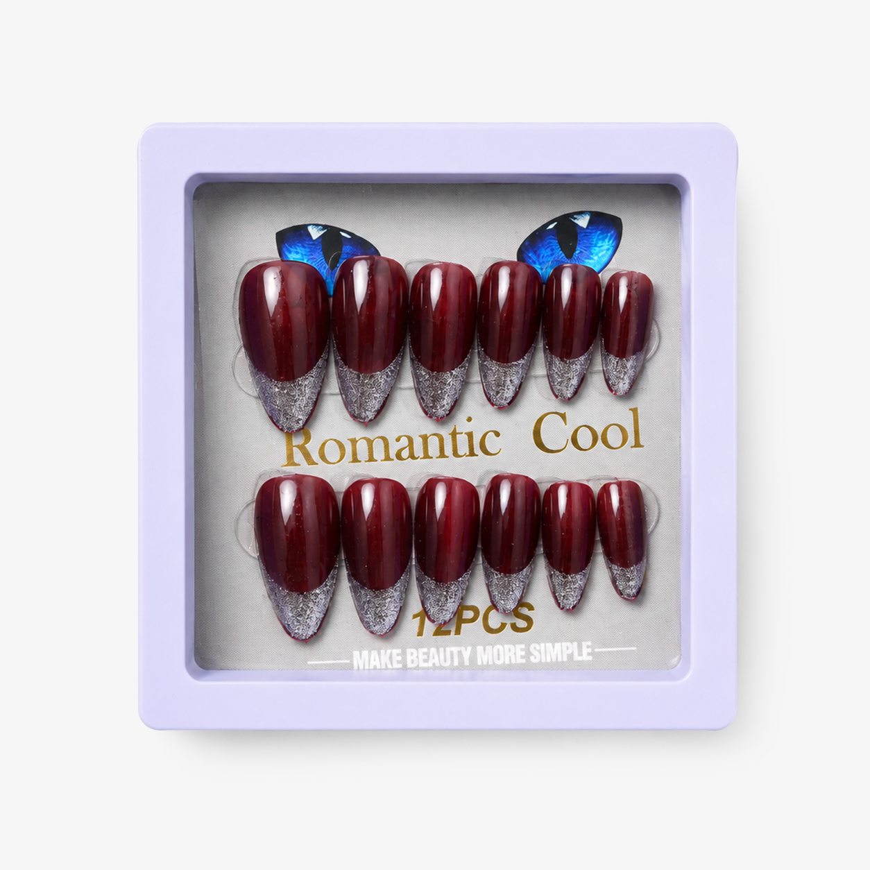 Romantic Cool Burgundy & Silver Press-On Gel Nails – 12 PCS