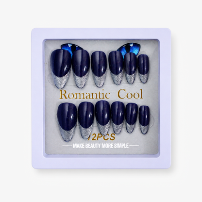 Romantic Cool Navy Blue & Silver Press-On Gel Nails – 12 PCS