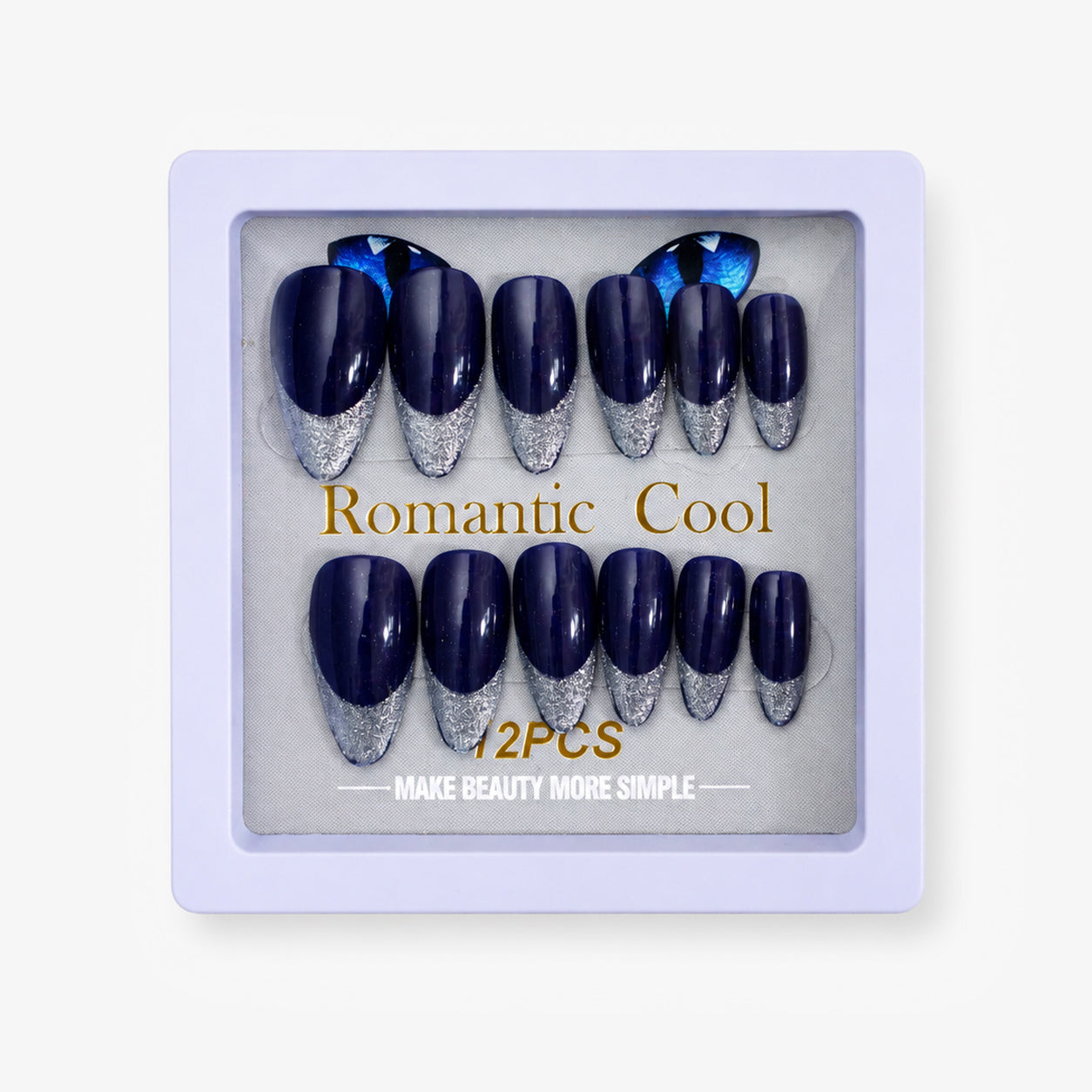 Romantic Cool Navy Blue & Silver Press-On Gel Nails – 12 PCS