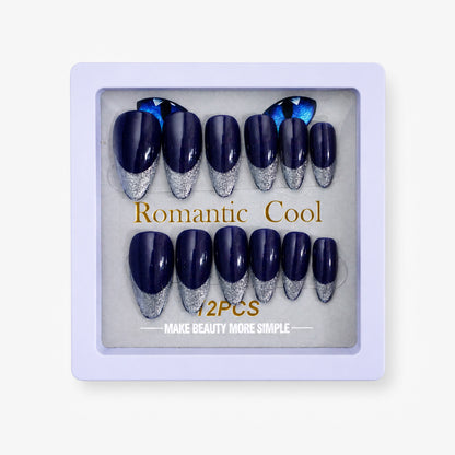 Romantic Cool Navy Blue & Silver Press-On Gel Nails – 12 PCS