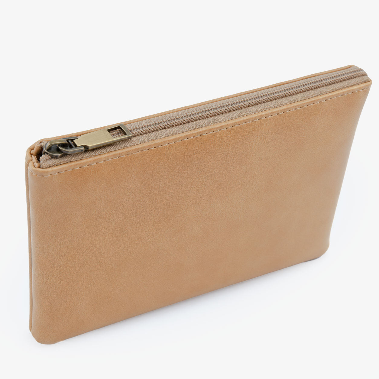 Offwhite Cognac PU Leather Wristlet Clutch Bag – Smooth Finish Pouch with Detachable Strap, Brass Hardware & Branded Patch