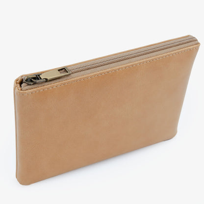 Offwhite Cognac PU Leather Wristlet Clutch Bag – Smooth Finish Pouch with Detachable Strap, Brass Hardware & Branded Patch