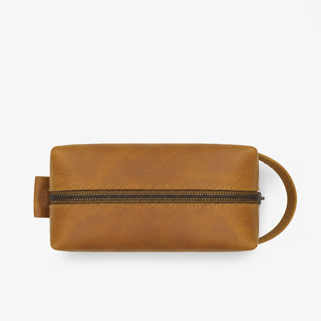 Camel Genuine Leather Dopp Kit | 100% Pure Cow Leather | Brass Hardware | Travel Toiletry Bag | Unisex