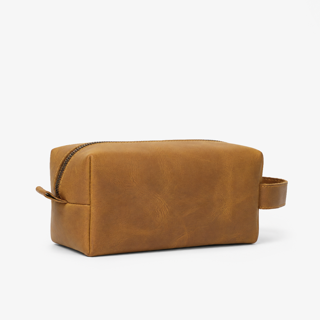 Camel Genuine Leather Dopp Kit | 100% Pure Cow Leather | Brass Hardware | Travel Toiletry Bag | Unisex