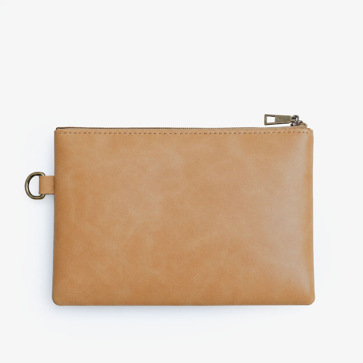 Offwhite Cognac PU Leather Wristlet Clutch Bag – Smooth Finish Pouch with Detachable Strap, Brass Hardware & Branded Patch