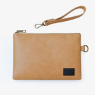 Offwhite Cognac PU Leather Wristlet Clutch Bag – Smooth Finish Pouch with Detachable Strap, Brass Hardware & Branded Patch