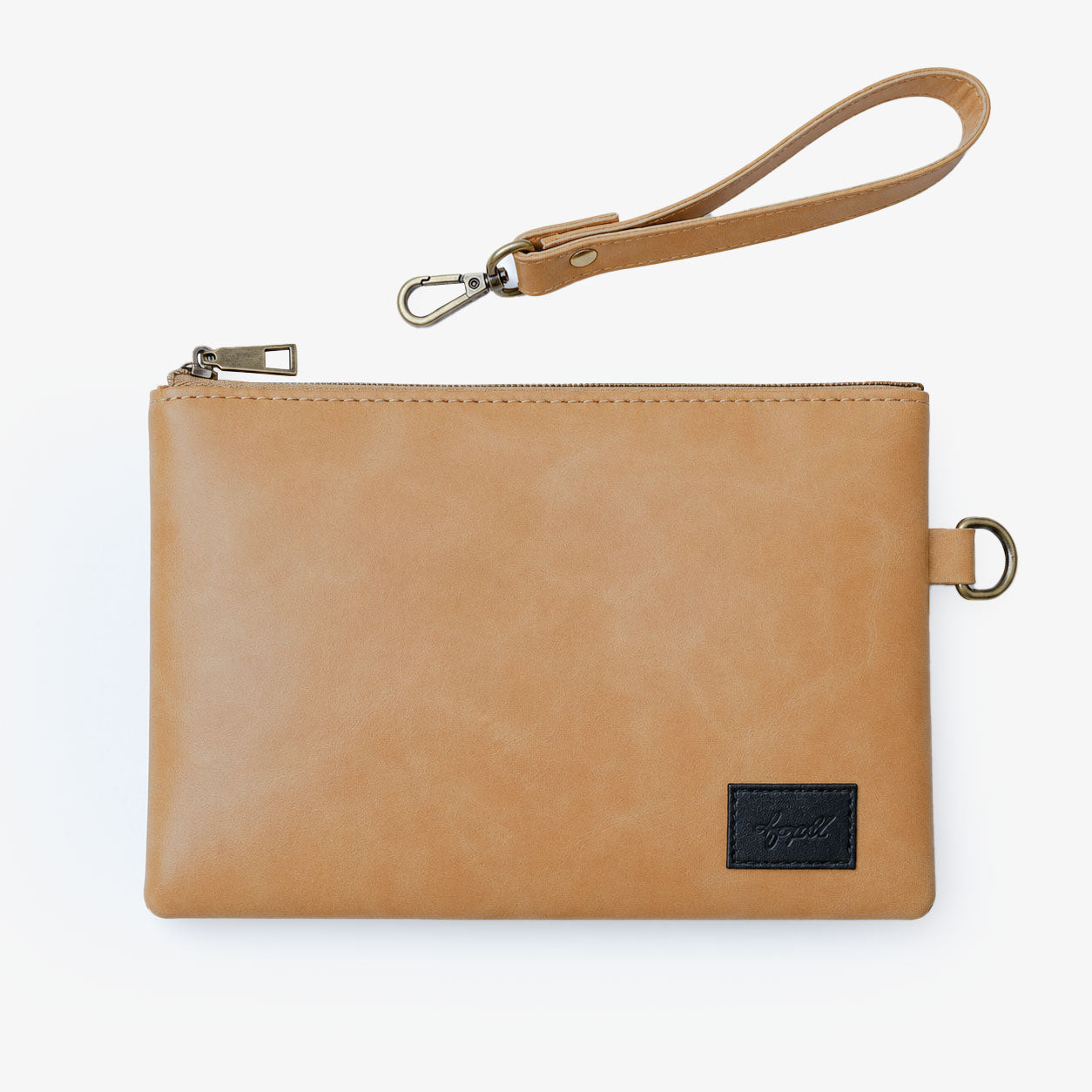 Offwhite Cognac PU Leather Wristlet Clutch Bag – Smooth Finish Pouch with Detachable Strap, Brass Hardware & Branded Patch