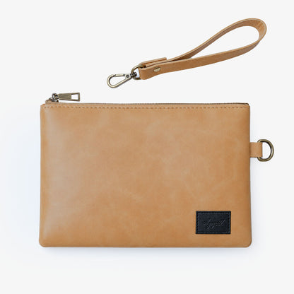 Offwhite Cognac PU Leather Wristlet Clutch Bag – Smooth Finish Pouch with Detachable Strap, Brass Hardware & Branded Patch