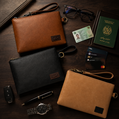 Black Cognac PU Leather Wristlet Clutch Bag – Smooth Finish Pouch with Detachable Strap, Brass Hardware & Branded Patch