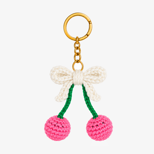 Cherry Bow Crochet Keychain