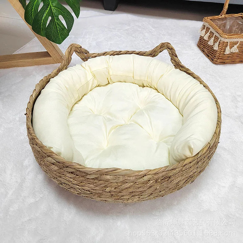 Handmade rattan woven cat bed with a removable mat