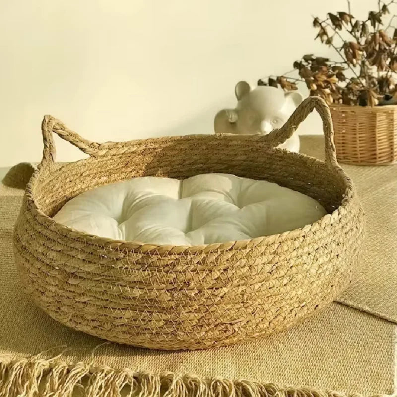 Handmade rattan woven cat bed with a removable mat