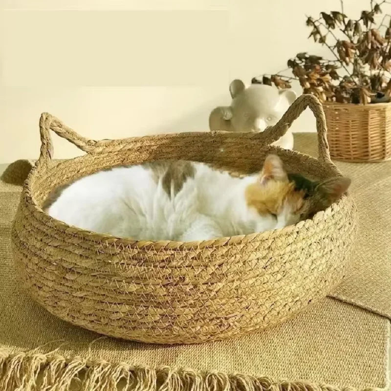 Handmade rattan woven cat bed with a removable mat