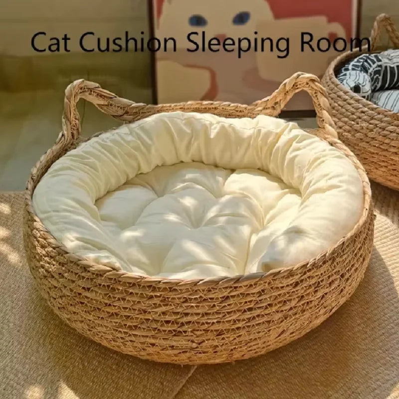 Handmade rattan woven cat bed with a removable mat