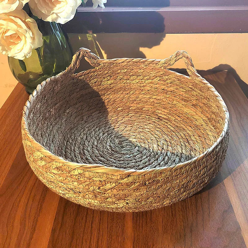 Handmade rattan woven cat bed with a removable mat