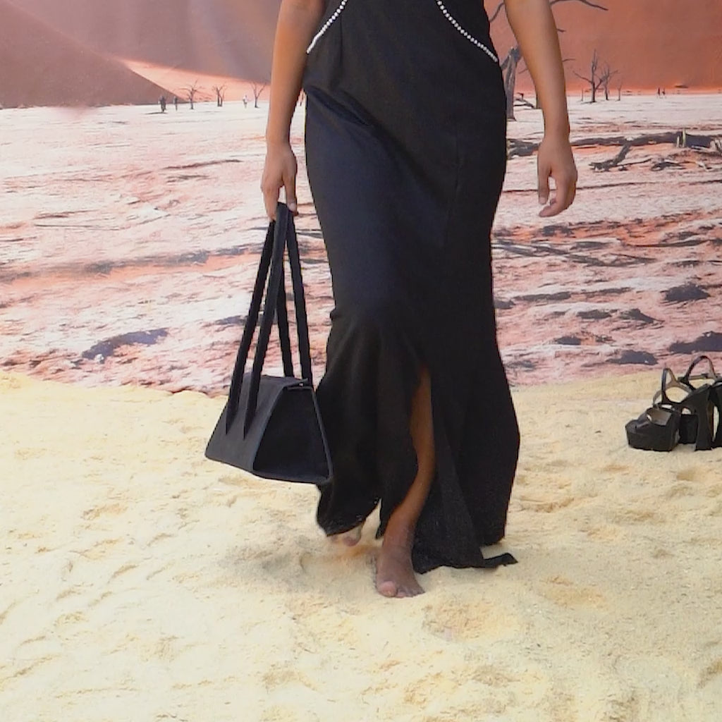 Black Suede Trapezoid Structured Tote
